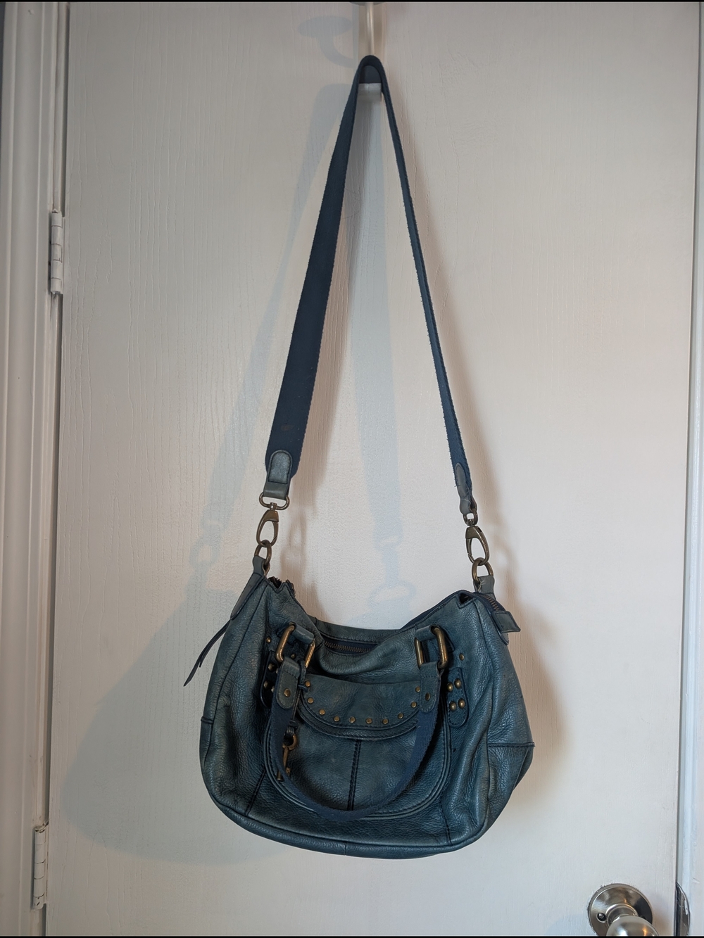 Blue Leather Hobo Shoulder Bag